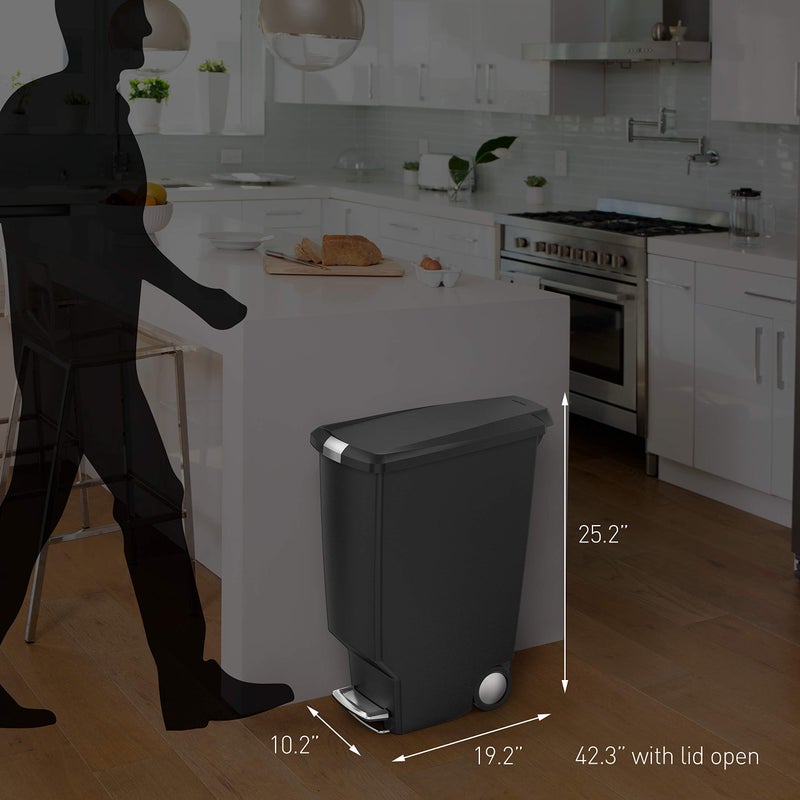 simplehuman سلة مهملات مطبخ رفيعة بسعة 40 لتر / 10.6 جالون من سيمبل هيومن مع قفل منزلق آمن، بلاستيك رمادي - Image 3
